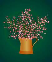 ein Streuung von Rosa klein Blumen im ein Teekanne. Vektor Illustration, auf ein Grün Hintergrund