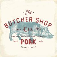 Metzgerei Vintage Emblem Schweinefleisch Fleisch Produkte, Metzgerei Logo Vorlage Retro-Stil. Vintage Design für Logo, Label, Abzeichen und Markendesign. Vektorillustration. vektor