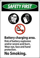 säkerhet först tecken batteri laddning område, risk av batteri explosion eller svår syra bränna, Nej rökning vektor