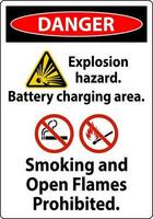 Achtung Zeichen Explosion Gefahr, Batterie Laden Bereich, Rauchen und öffnen Flammen verboten vektor