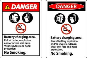fara tecken batteri laddning område, risk av batteri explosion eller svår syra bränna, Nej rökning vektor
