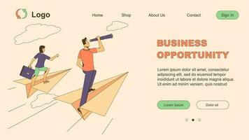 företag möjlighet. en kvinna och en man flyga papper flygplan och se genom en spyglass vektor