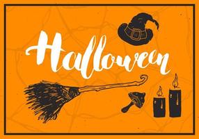 halloween gratulationskort. bokstäver kalligrafi tecken och handritade element, festinbjudan eller semester banner design vektorillustration vektor