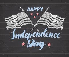 lycklig självständighetsdag, fjärde juli, vintage gratulationskort wirh usa flaggor, amerikanska firandet. handbokstäver, amerikansk semester retro design vektorillustration på svarta tavlan. vektor