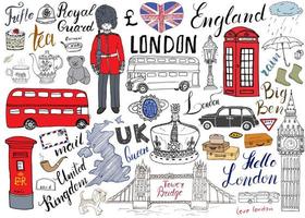 london city doodles element samling. handritad uppsättning med, tornbro, krona, big ben, kungliga vakt, röd buss och hytt, brittisk karta och flagga, tekanna, bokstäver, vektorillustration isolerad vektor