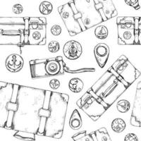 bläck hand dragen vektor skiss. sömlös mönster. resa objekt resväskor bagage med klistermärken ikoner stift, gammal Foto kamera. design för turism, resa, broschyr, bröllop, guide, skriva ut, kort, tatuering.