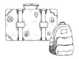 bläck hand dragen vektor skiss. illustration med uppsättning av retro årgång gammal resväskor med klistermärken bagage bagage och ryggsäck. design för turism, resa, broschyr, bröllop, guide, skriva ut, kort tatuering.