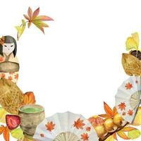 vattenfärg hand dragen traditionell japansk sötsaker. krans av höst wagashi med löv, objekt. isolerat på vit bakgrund. design för inbjudningar, restaurang meny, hälsning kort, skriva ut, textil- vektor