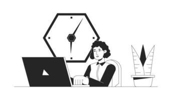 Büro Frau Arbeiten auf Laptop bw Konzept Vektor Stelle Illustration. Mitarbeiter 2d Karikatur eben Linie monochromatisch Charakter zum Netz ui Design. Schreibtisch Büro Arbeit editierbar isoliert Gliederung Held Bild