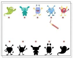 hitta de rätt skugga, ett pedagogisk spel för ungar, tecknad serie monster, utlänningar i en flygande fat. vektor illustration på en vit bakgrund.