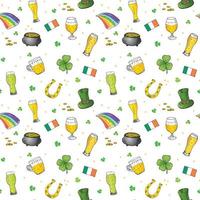 Hand gezeichnetes Gekritzel nahtloses Muster des St. Patrick's Day mit Koboldhut, Topf mit Goldmünzen, Regenbogen, Bier, vierblättrigem Kleeblatt, Hufeisen, keltischer Harfenvektorillustrationshintergrund. vektor