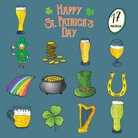 st patricks dag handritad doodle ikoner set, med leprechaun, kruka med guldmynt, regnbåge, öl, fyra leef klöver, hästsko, keltisk harpa och Irlands flagga vektor illustration