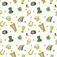 St Patrick's Day handritad doodle sömlösa mönster, med leprechaun hatt, kruka med guldmynt, regnbåge, öl, klöver, hästsko, keltisk harpa vektor illustration bakgrund.