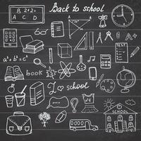 tillbaka till skolan levererar skissartade anteckningsboks doodles med bokstäver, handritade vektorillustration designelement på fodrad skissbok på svarta tavlan bakgrund vektor