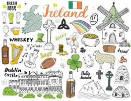 Irland skiss doodles. handritad irländska element med flagga och karta över Irland, keltiskt kors, slott, shamrock, keltisk harpa, kvarn och får, whiskyflaskor och irländsk öl, vektorillustration vektor