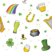 Hand gezeichnetes Gekritzel nahtloses Muster des St. Patrick's Day mit Koboldhut, Topf mit Goldmünzen, Regenbogen, Bier, vierblättrigem Kleeblatt, Hufeisen, keltischer Harfenvektorillustrationshintergrund vektor