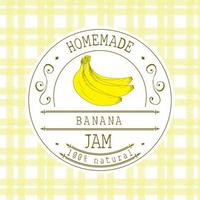 Marmeladenetikett Designvorlage. für Bananendessertprodukt mit handgezeichneten skizzierten Früchten und Hintergrund. Gekritzel Vektor Banane Illustration Markenidentität