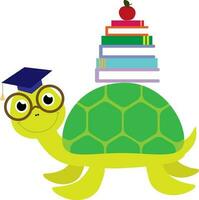Vektor Illustration von süß Schildkröte im Brille mit Stapel von Bücher und Apfel im Karikatur Stil. zurück zu Schule Vorlage