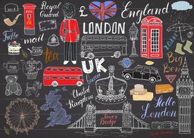 London City Doodles Elemente Sammlung. Hand gezeichnetes Set mit, Turmbrücke, Krone, Big Ben, königliche Wache, roter Bus, britische Karte und Flagge, Teekanne, Beschriftung, Vektorillustration auf Tafel vektor