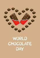 Vektor Illustration festlich Karte zum Welt und International Schokolade Tag - - Herz gemacht von Süßigkeiten und Schokolade Riegel