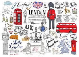 London City Doodles Elemente Sammlung. Hand gezeichnetes Set mit, Turmbrücke, Krone, Big Ben, königliche Wache, roter Bus und Taxi, britische Karte und Flagge, Teekanne, Beschriftung, Vektorillustration isoliert vektor