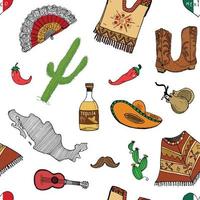 mexico sömlösa mönster doodle element, handritad skiss mexikansk traditionell sombrero hatt, stövlar, poncho, kaktus och tequila flaska, karta över mexico, musikinstrument. vektor illustration bakgrund