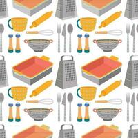 mönster av kök redskap, panorera, sked, gaffel, kniv, mugg, vispa, bakning maträtt, durkslag, rivjärn. vektor