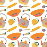 Muster von Küche Utensilien, Wasserkocher, Becher, Kelle, Platte, Schüssel. vektor