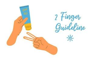 Banner mit zwei Finger Regel zum Sonnenschutz auf Weiß Hintergrund. Sommer- Hautpflege und Schutz Konzept. Hand mit zwei Finger bewirbt sich spf Sahne und andere Hand halt Rohr. eben Vektor Illustration