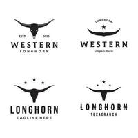 Longhorn Texas Ranch wild Westen Tier Logo Design Jahrgang Retro-Logo zum Cowboy, Vieh, Abzeichen, Restaurant. vektor