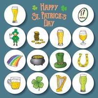 st patricks dag handritad doodle ikoner set, med leprechaun, kruka med guldmynt, regnbåge, öl, fyra leef klöver, hästsko, keltisk harpa och Irlands flagga vektor illustration