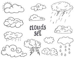 handritad doodle uppsättning olika moln, skiss samling vektorillustration isolerad på vitt vektor