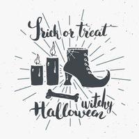 Vintage-Etikett der Halloween-Grußkarte, handgezeichnete Skizze Hexenartikel, strukturiertes Retro-Abzeichen des Schmutzes, typografisches Design-T-Shirt-Druck, Vektorillustration vektor