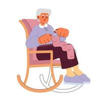 mormor stickning semi platt färgrik vektor karaktär. grå hår mormor med garn i gungande stol. redigerbar full kropp person på vit. enkel tecknad serie fläck illustration för webb grafisk design