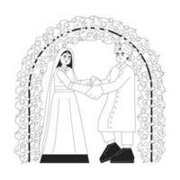 hindu bröllop svartvit begrepp vektor fläck illustration. indisk brudgum och brud 2d platt bw tecknad serie tecken för webb ui design. traditionell anordnad äktenskap isolerat redigerbar hand dragen hjälte bild