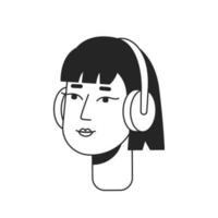 hörlurar flicka svartvit platt linjär karaktär huvud. ung asiatisk kvinna bär headset. redigerbar översikt hand dragen mänsklig ansikte ikon. 2d tecknad serie fläck vektor avatar illustration för animering