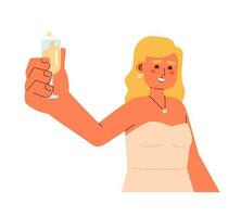 europeisk ung kvinna toasting gnistrande vin semi platt färgrik vektor karaktär. kväll klänning lady. redigerbar full kropp person på vit. enkel tecknad serie fläck illustration för webb grafisk design