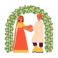 hindu bröllop platt begrepp vektor fläck illustration. indisk brudgum och brud 2d tecknad serie tecken på vit för webb ui design. traditionell anordnad äktenskap isolerat redigerbar kreativ hjälte bild