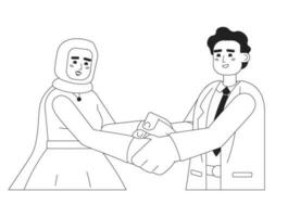 muslim bröllop par innehav händer enfärgad platt vektor tecken. brud- hijab kvinna, brudgum. redigerbar linje halv kropp människor på vit. enkel bw tecknad serie fläck bild för webb grafisk design