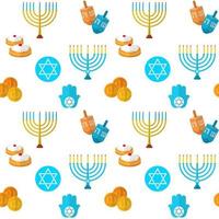 glad hanukkah vektor sömlöst mönster, med dreidel spel, mynt, miriams hand, davids palm, davids stjärna, menorah, traditionell mat, torah och andra traditionella föremål