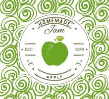 Marmeladenetikett Designvorlage. für Apfeldessertprodukt mit handgezeichneten skizzierten Früchten und Hintergrund. Gekritzel Vektor Apfel Illustration Markenidentität