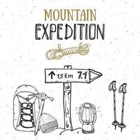 mountain expedition vintage set. handritade skisselement för retro emblem, utomhusvandringsäventyr och berg som utforskar etikettdesign, extremsport, vektorillustration. vektor