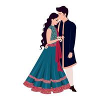 Vektor Vektor süß indisch Paar Karikatur im traditionell Kleid posieren zum Hochzeit Einladung Karte Design