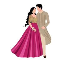 Vektor Vektor süß indisch Paar Karikatur im traditionell Kleid posieren zum Hochzeit Einladung Karte Design