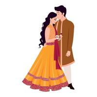 vektor vektor söt indisk par tecknad serie i traditionell klänning Framställ för bröllop inbjudan kort design