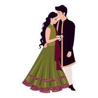 Vektor Vektor süß indisch Paar Karikatur im traditionell Kleid posieren zum Hochzeit Einladung Karte Design