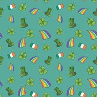 Hand gezeichnetes Gekritzel nahtloses Muster des St. Patrick's Day mit Koboldhut, Regenbogen, vierblättrigem Kleeblatt, Flagge des irischen Vektorillustrationshintergrunds. vektor