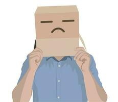Porträt von ein traurig Mann mit ein Box auf seine Kopf vektor