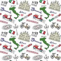 Milano Italien sömlösa mönster med handritade skisselement Duomo-katedralen, flagga, karta, pizza, transport och traditionell mat. ritning doodle vektorillustration, isolerad på vitt vektor