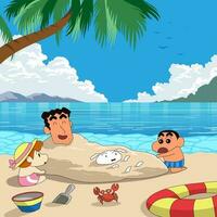japanisch Karikatur Familie spielen beim das Strand vektor